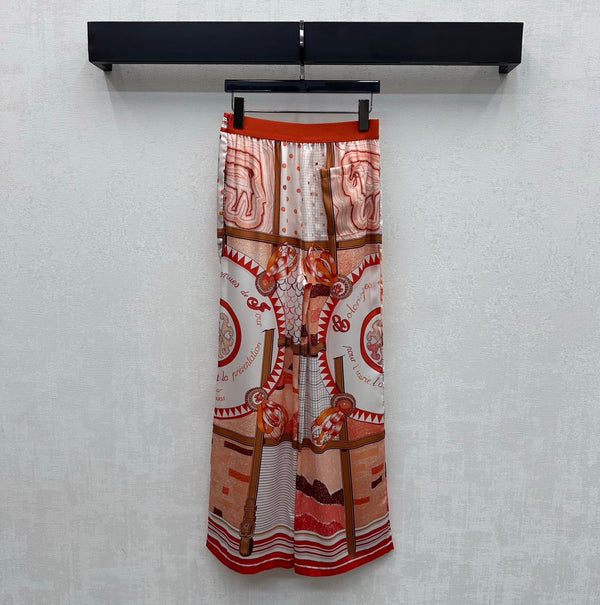 Hermes 26 Printed Straight-Leg Trousers Orange in Mulberry Silk 137389