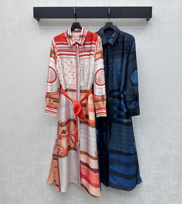 Hermes 26 Printed Waist-Waisted Maxi Dress Blue in Mulberry Silk 137386