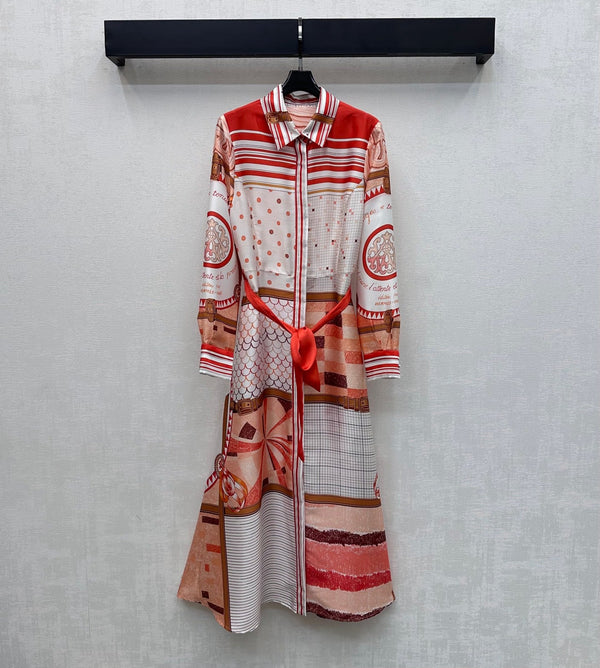 Hermes 26 Printed Waist-Waisted Maxi Dress Orange in Mulberry Silk 137384