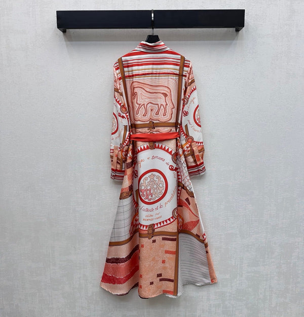 Hermes 26 Printed Waist-Waisted Maxi Dress Orange in Mulberry Silk 137384