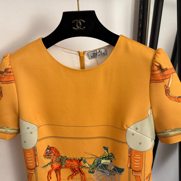 Hermes 26  Beaded Horse and Carriage Print Short-Sleeve Dress in Cotton 948659