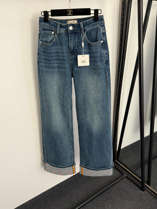 Hermes 26 Print Rolled-Up Jeans in Cotton 893888