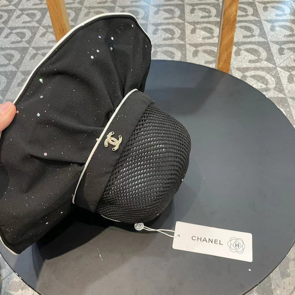 Chanel Wide-brimmed Bow Sun Hat Black in Fabric Patchwork Mesh 197786