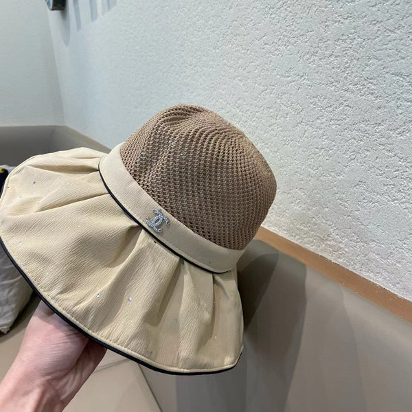 Chanel Wide-brimmed Bow Sun Hat Beige in Fabric Patchwork Mesh 197785
