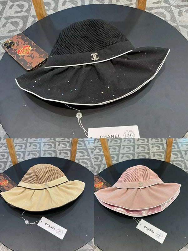 Chanel Wide-brimmed Bow Sun Hat Pink in Fabric Patchwork Mesh 197784