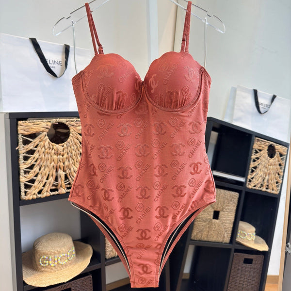 Chanel One-piece Swimsuit Brick Red in Cotton 201804