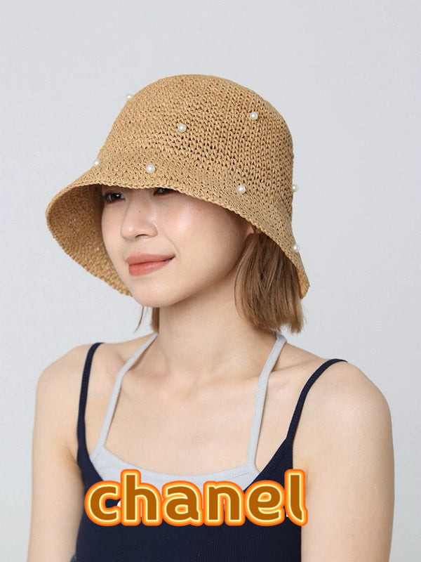 Chanel vintage Hat Pearl embellishments Camel in Straw 201640
