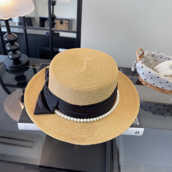 Chanel Elegant flat-top Beige Black in Straw Hat 205392