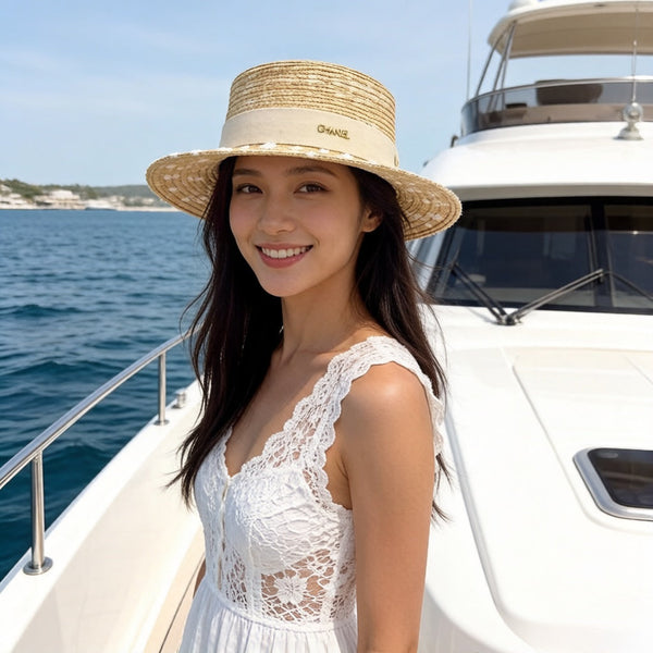 Chanel Beige White Raffia straw hat 205378