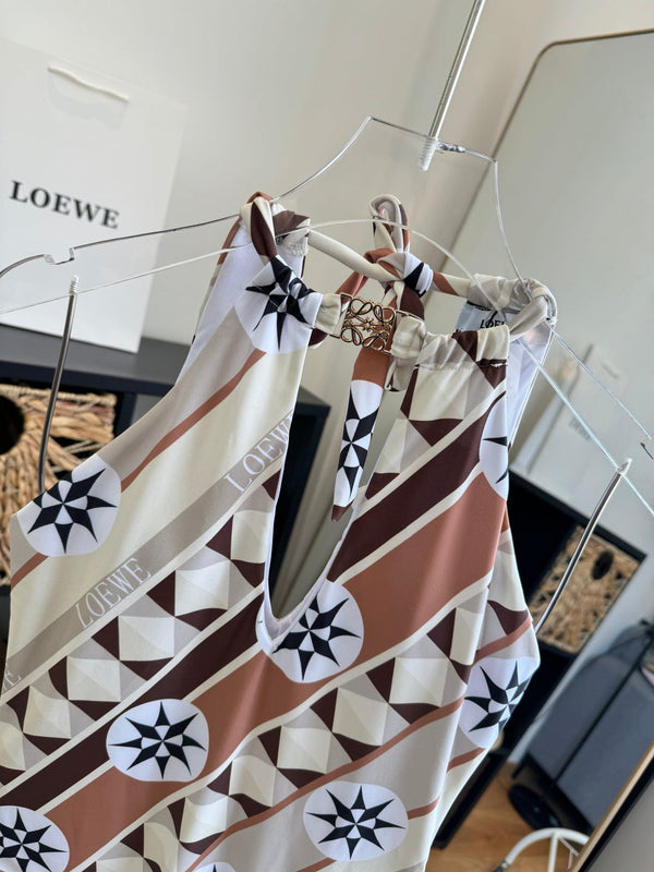 Loewe One-Piece Swimsuit Brown White in Cotton 199034