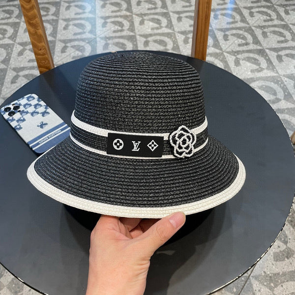 LV Dome Brim Hat with Bow Black in Straw 205626