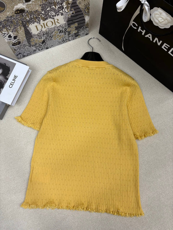 Miu Miu 26 Crew Neck Short-Sleeve Top Yellow in Knitting 191310