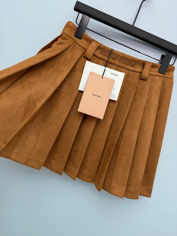 Miu Miu 26 Pleated Mini Skirt Brown in Suede 188908