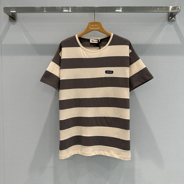 Miu Striped Short-Sleeve T-Shirt Brown White in Cotton 191567