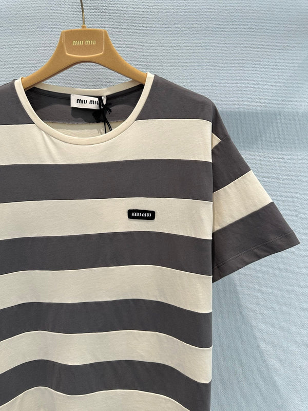 Miu Striped Short-Sleeve T-Shirt Brown White in Cotton 191567