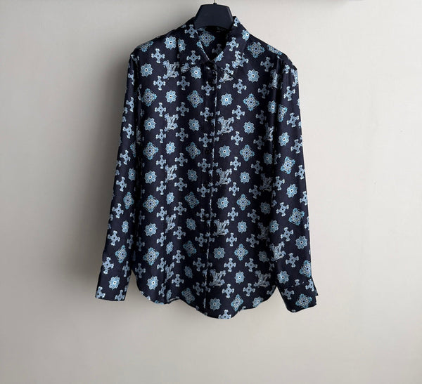 LV 26SS Retro Print Silk Shirt Navy Blue in Silk 198357