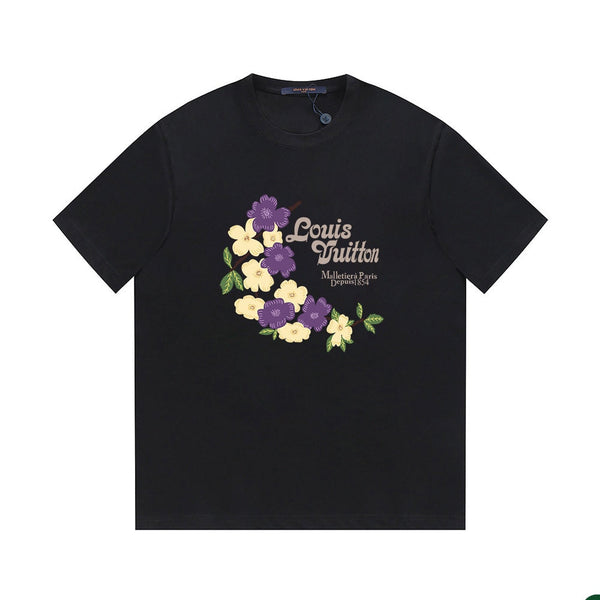Louis Vuitton Floral & Brand Logo T-Shirt Black in Cotton 197471