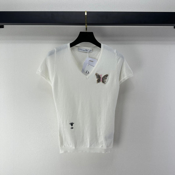 Dior Butterfly Sequin V-Neck Short-Sleeve Top White in Wool 362475