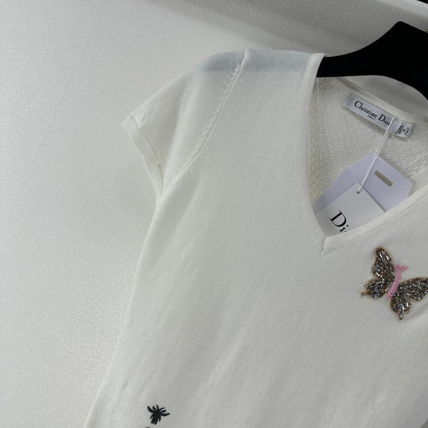Dior Butterfly Sequin V-Neck Short-Sleeve Top White in Wool 362475