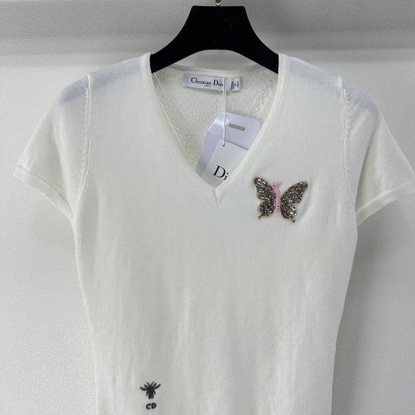 Dior Butterfly Sequin V-Neck Short-Sleeve Top White in Wool 362475