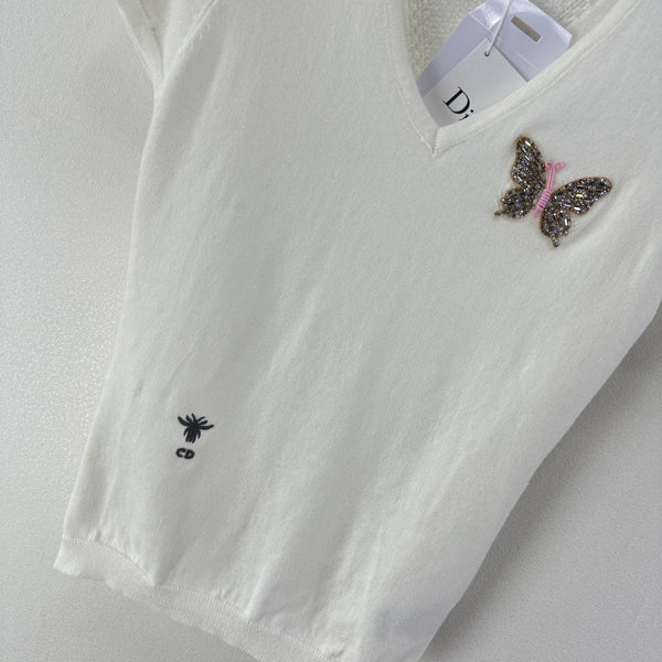 Dior Butterfly Sequin V-Neck Short-Sleeve Top White in Wool 362475