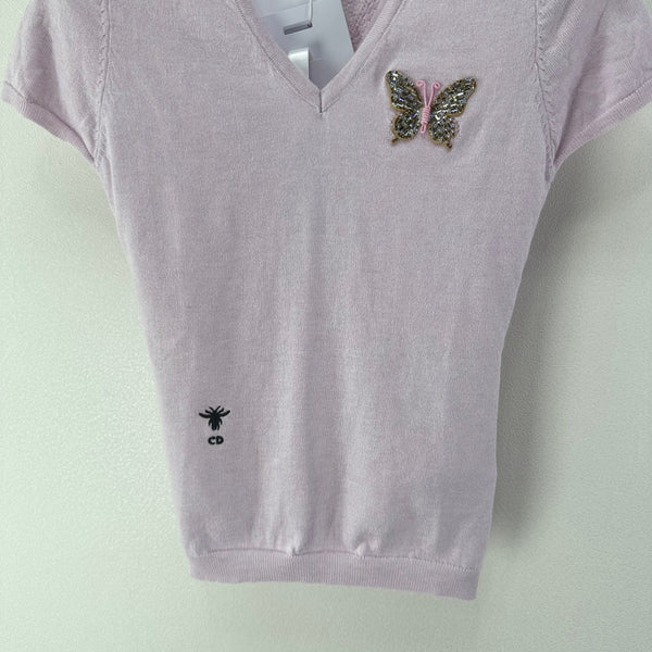 Dior Butterfly Sequin V-Neck Short-Sleeve Top Light Purple in Wool 362474