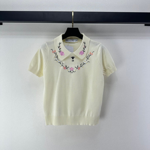 Dior Floral Embroidered Collared Knit Sweater Ivory in Viscose 360689