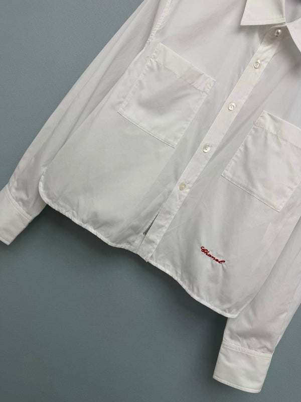 Chanel 26 Pearl Button Chain Trim Short White Shirt in Cotton 213056