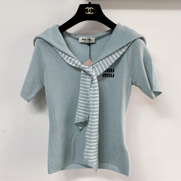 Miu Miu Short-Sleeve T-Shirt Blue Sage in Wool 204074