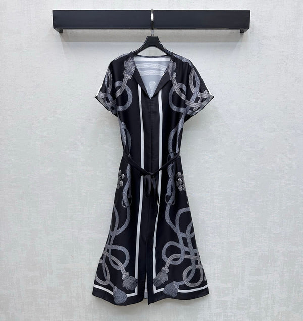 HM 26 Printed Tie-Waist Dress Black in Mulberry Silk 180941