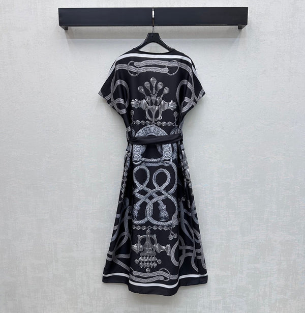 HM 26 Printed Tie-Waist Dress Black in Mulberry Silk 180941