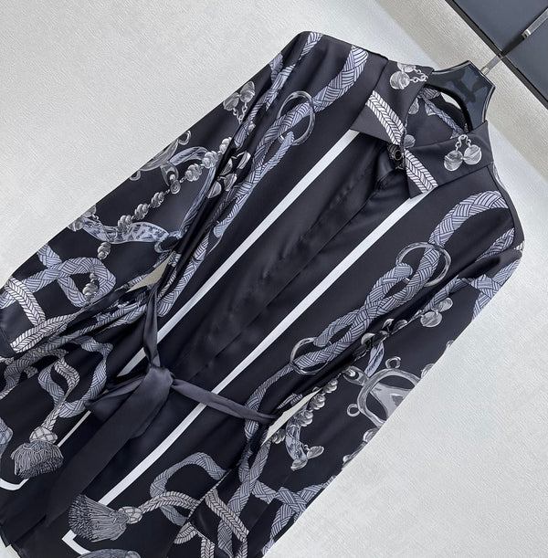 HM 26  Printed Shirt Dress with Belt Black in Mulberry Silk 180932