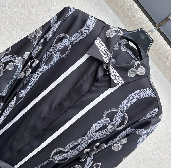 HM 26  Printed Shirt Dress with Belt Black in Mulberry Silk 180932