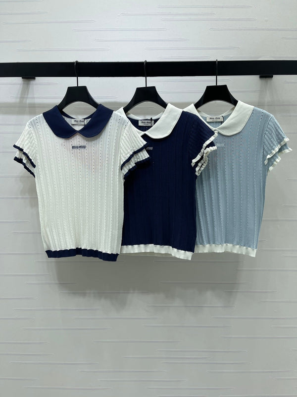 Miu Miu 26 Collar Openwork Short-sleeved Top White in Tencel 221742
