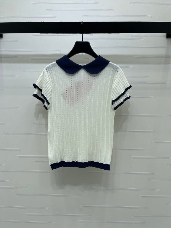 Miu Miu 26 Collar Openwork Short-sleeved Top White in Tencel 221742