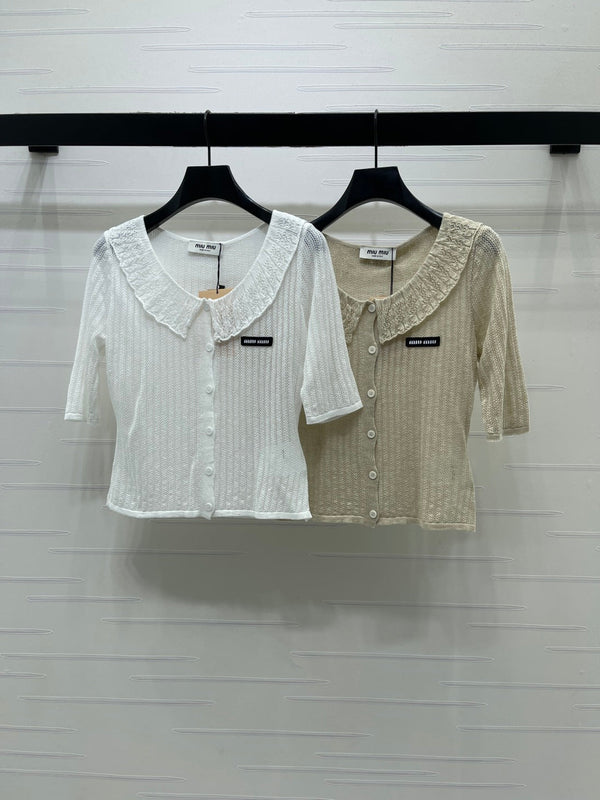 Miu Miu 26 Collared Short-sleeve Cardigan White in Cotton 221703