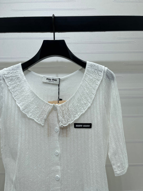 Miu Miu 26 Collared Short-sleeve Cardigan White in Cotton 221703