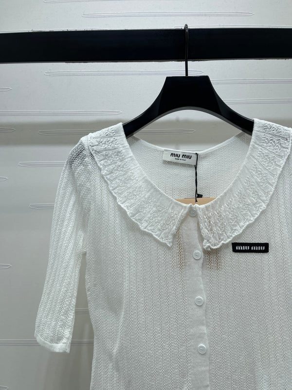 Miu Miu 26 Collared Short-sleeve Cardigan White in Cotton 221703