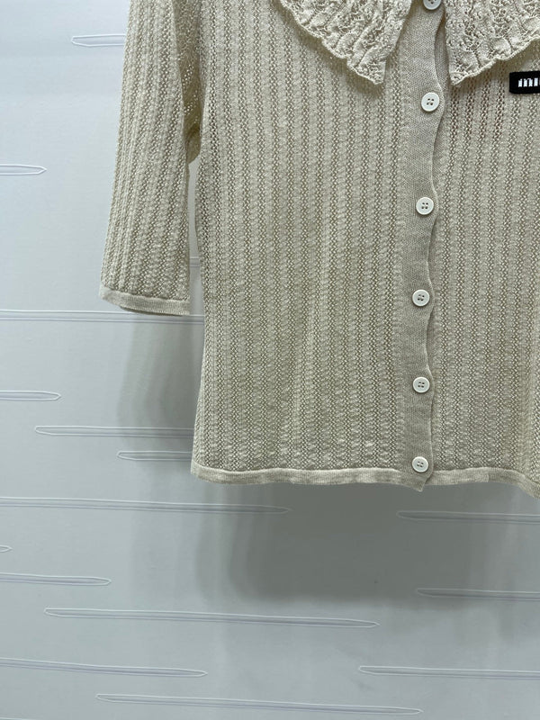 Miu Miu 26 Collared Short-sleeve Cardigan Beige in Cotton 221702
