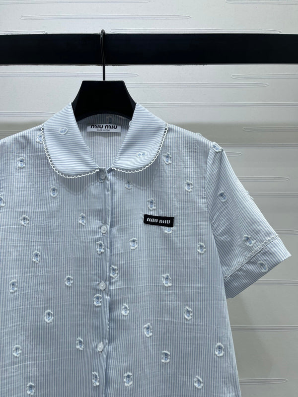 Miu Miu 26 Collar Striped Short-Sleeve Shirt + Skirt Set Blue in Cotton 221677