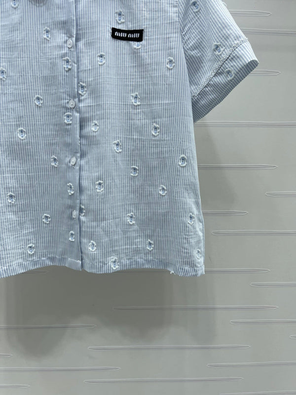 Miu Miu 26 Collar Striped Short-Sleeve Shirt + Skirt Set Blue in Cotton 221677