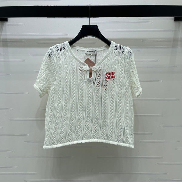 Miu Miu 26 Crew Neck Short-Sleeve Top White in Wool 221701