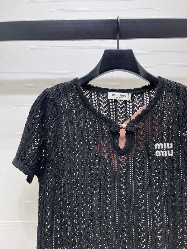 Miu Miu 26 Crew Neck Short-Sleeve Top Black in Wool 221700
