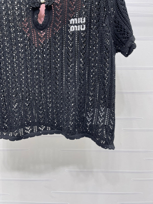 Miu Miu 26 Crew Neck Short-Sleeve Top Black in Wool 221700