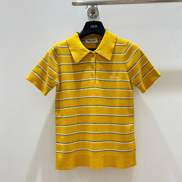 Miu Miu Yellow Striped Knit Short-Sleeve T-Shirt in Cotton 221234