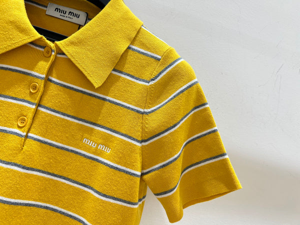 Miu Miu Yellow Striped Knit Short-Sleeve T-Shirt in Cotton 221234