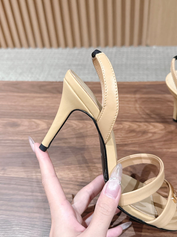 CC 26SS Gold Buckle Strappy High-Heeled 85 Sandals Light Beige in Cowhide 692565