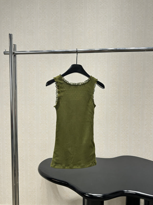 Miu Miu Green Lace-Trimmed Knit Vest Olive Green in Cotton 219026