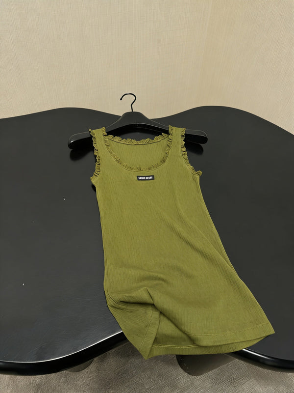 Miu Miu Green Lace-Trimmed Knit Vest Olive Green in Cotton 219026