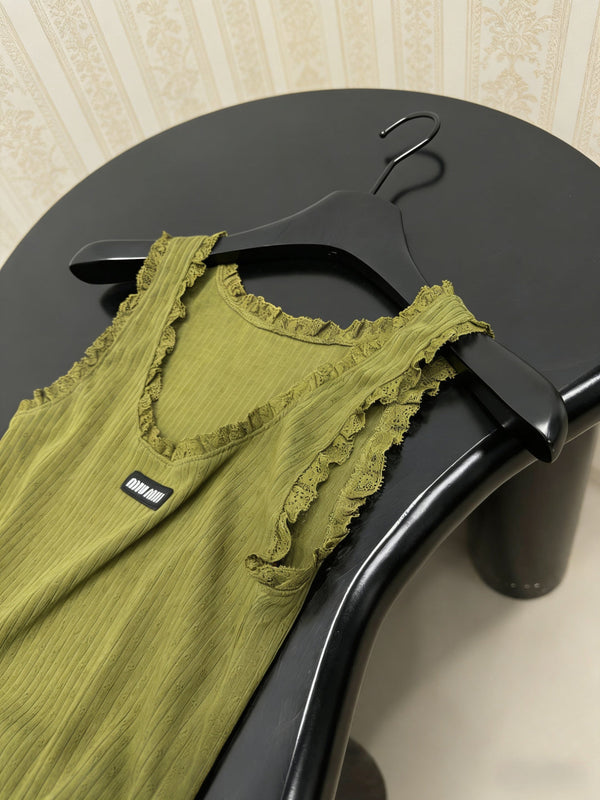Miu Miu Green Lace-Trimmed Knit Vest Olive Green in Cotton 219026